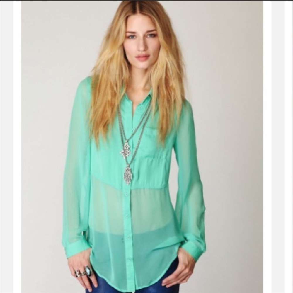 Free People Sheer Green Button Down Tunic Top